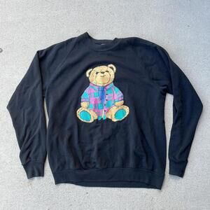 Vintage 80s black crewneck fade sweater w/ bear in pink & green flannel graphic